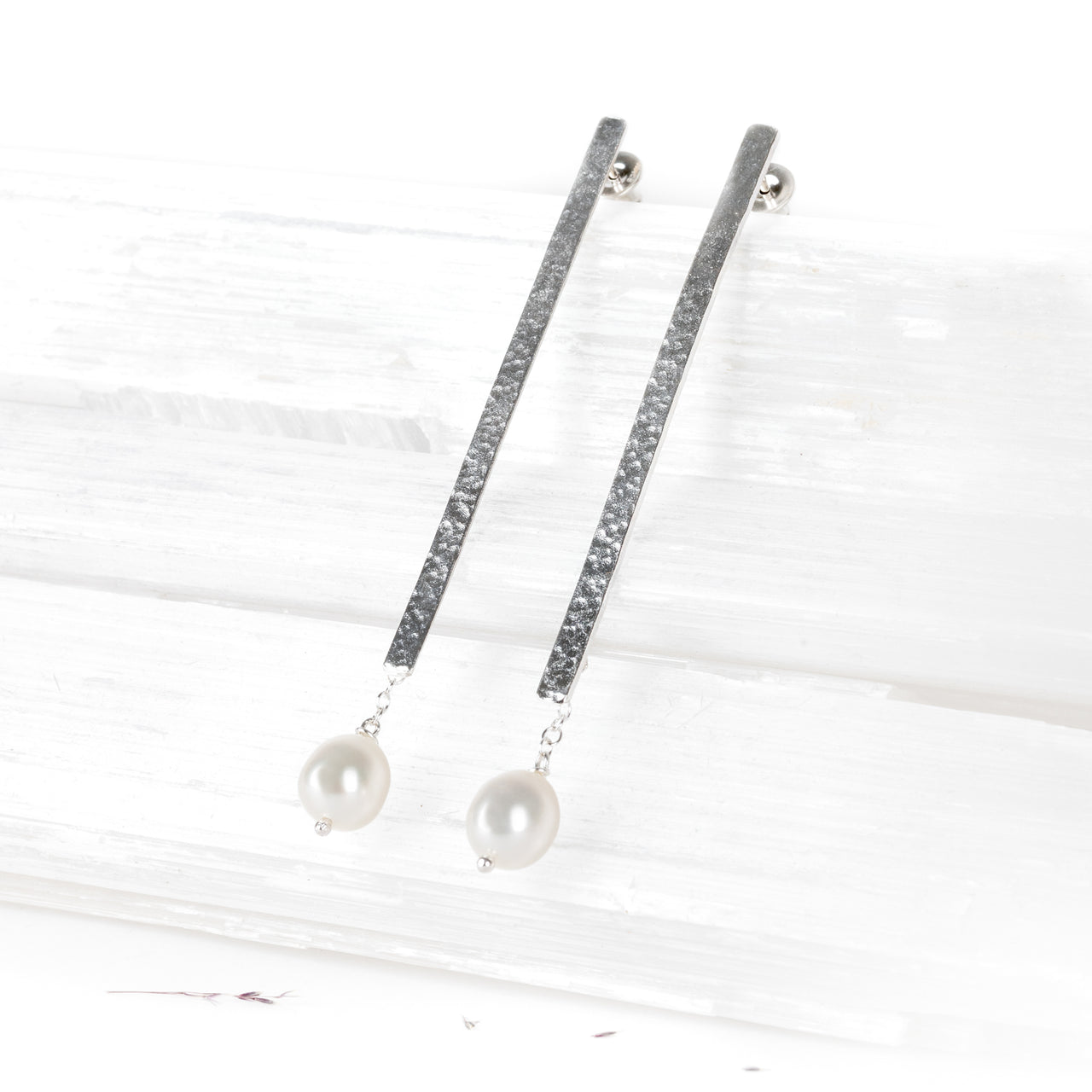 Long Hammered Silver Earrings with Pearls