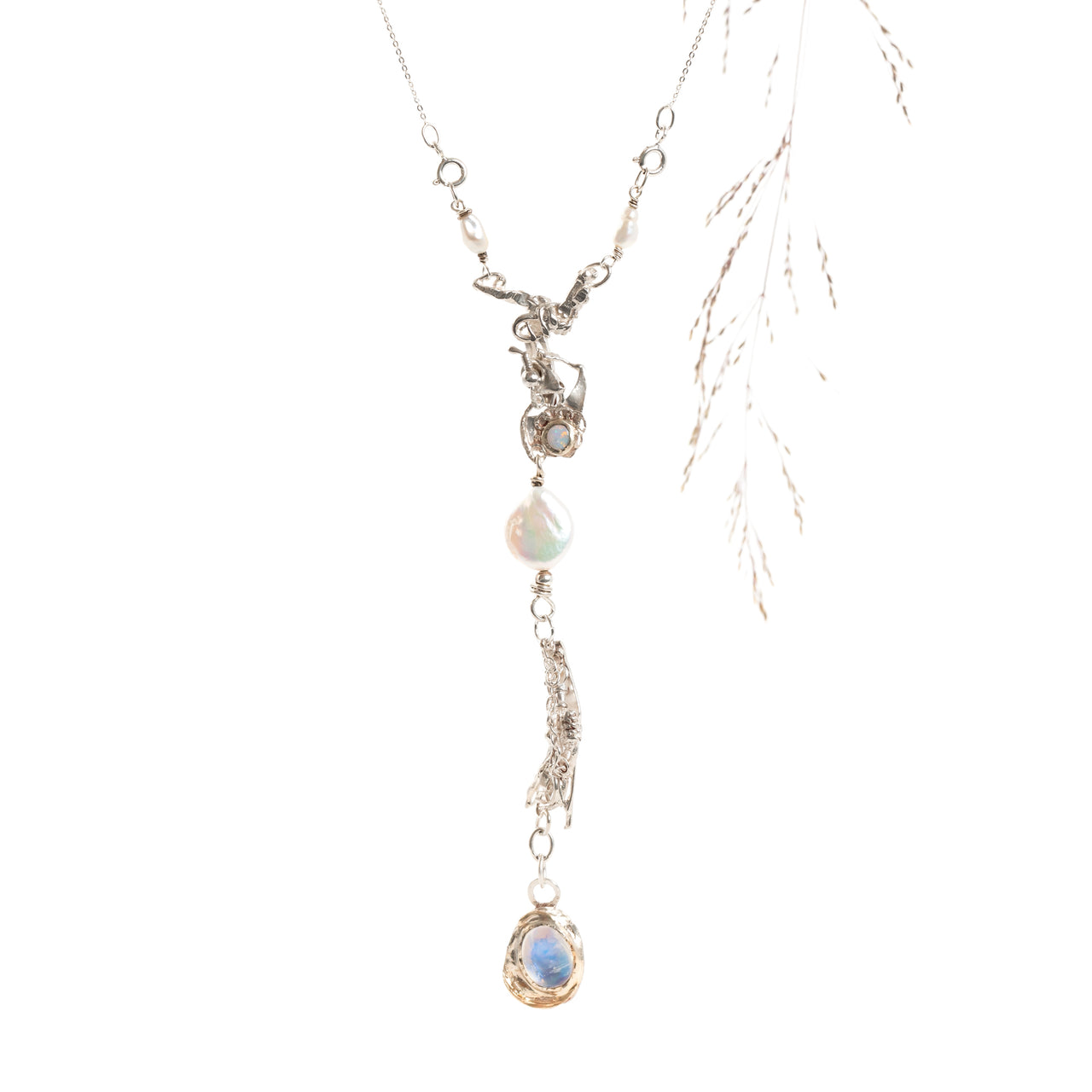 Moonstone, Opal and Pearl Recycled Silver and Gold Necklace