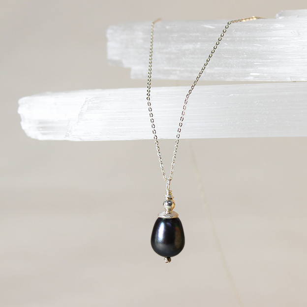 Tipa Shchora (Black Drop) black pearl pendant on silver chain necklace
